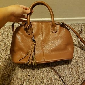 Tan dome leather crossbody satchel